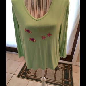 R&B Green Embroidered Starfish Long Sleeve Top NWT size Lg